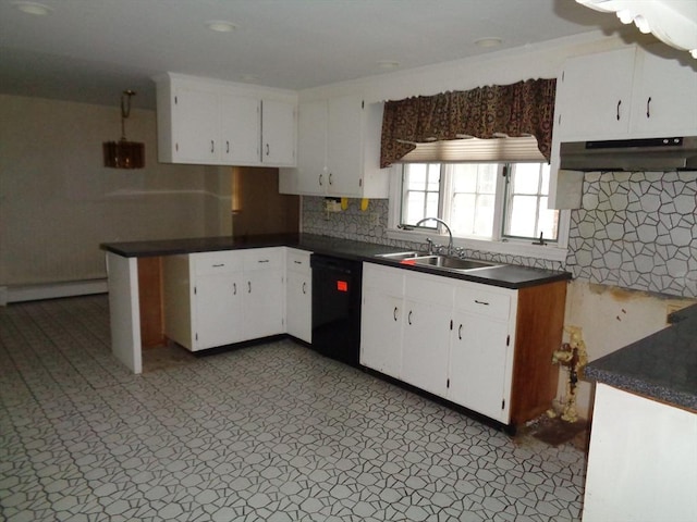 kitchen featuring sink, white cabinetry, a baseboard heating unit, black dishwasher, and decorative backsplash