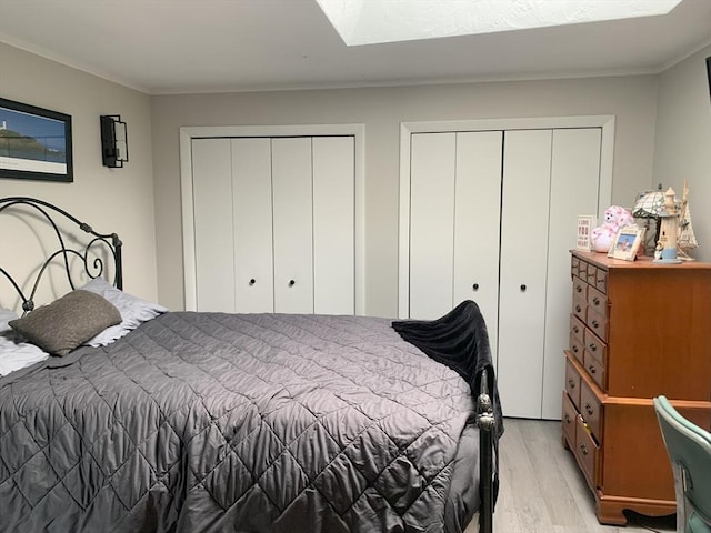 77 Westwood Pkwy, Southbridge, MA 01550 - bedroom with multiple closets, light wood-style flooring, crown molding, and a skylight