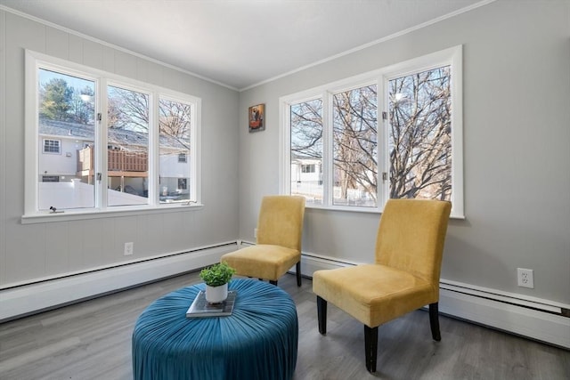 sitting room featuring crown molding, plenty of natural light, and a baseboard heating unit