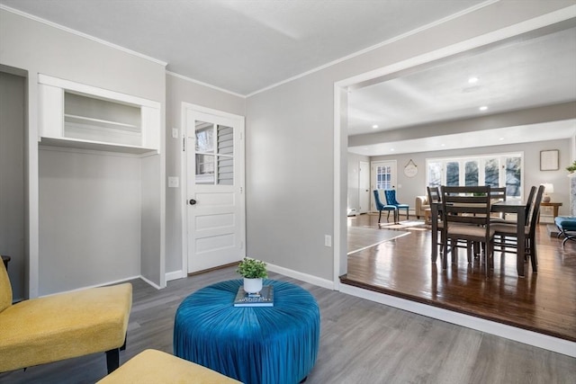 living area featuring wood-type flooring and ornamental molding