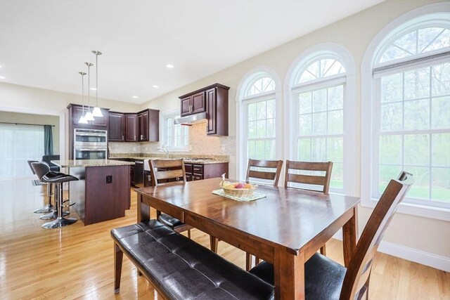dining room featuring baseboards, a wealth of natural light, light wood-style floors, and recessed lighting