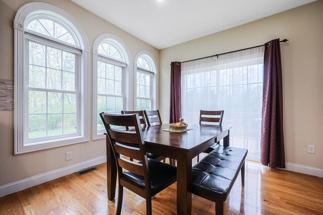 dining room with baseboards, light wood-style flooring, and visible vents