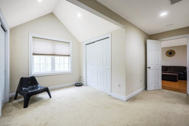 unfurnished room with carpet flooring, baseboards, and recessed lighting