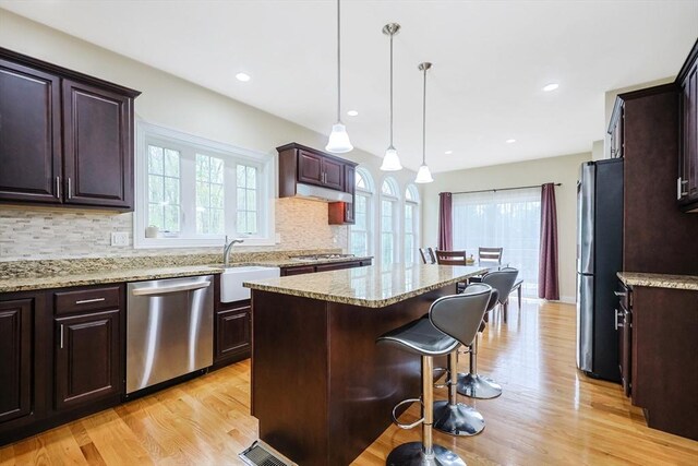 kitchen with light wood-style floors, a sink, appliances with stainless steel finishes, and plenty of natural light