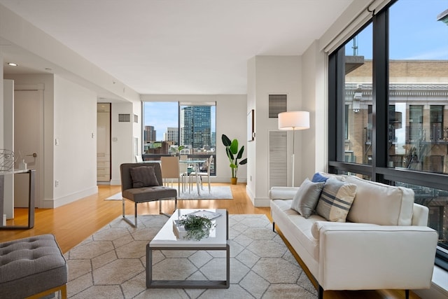 living room with light hardwood / wood-style flooring and a wealth of natural light