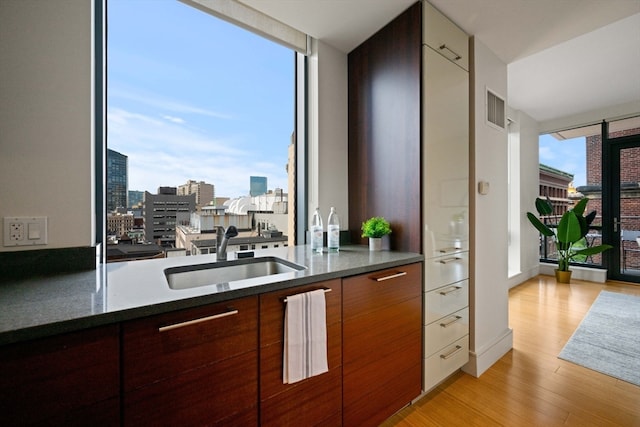 kitchen featuring sink, light hardwood / wood-style flooring, and expansive windows