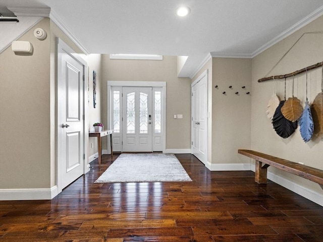 83 Altamont Ave, Melrose, MA 02176 - foyer entrance with baseboards, dark wood-style flooring, ornamental molding, and recessed lighting