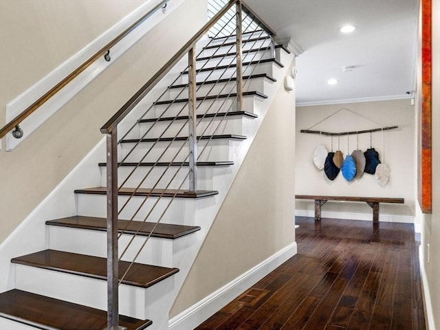 83 Altamont Ave, Melrose, MA 02176 - stairs featuring baseboards, ornamental molding, recessed lighting, and wood finished floors