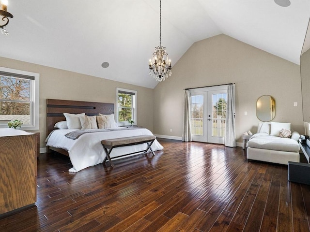 83 Altamont Ave, Melrose, MA 02176 - bedroom featuring an inviting chandelier, french doors, access to exterior, high vaulted ceiling, and dark wood-style flooring