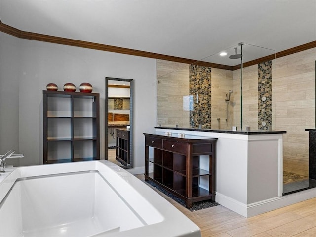 83 Altamont Ave, Melrose, MA 02176 - full bath featuring wood finished floors, tiled shower, a bathtub, ornamental molding, and recessed lighting