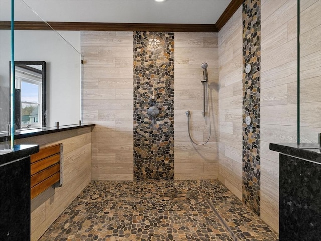 83 Altamont Ave, Melrose, MA 02176 - full bathroom with stone finish floor, a tile shower, and ornamental molding