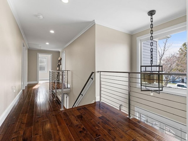 83 Altamont Ave, Melrose, MA 02176 - hallway with wood finished floors, an upstairs landing, baseboards, ornamental molding, and recessed lighting