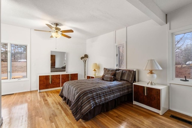 bedroom with light wood finished floors, visible vents, a textured ceiling, and a ceiling fan