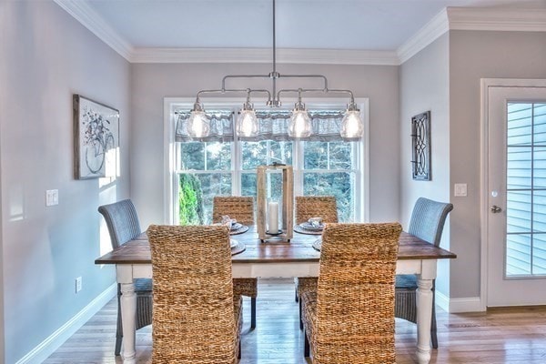 dining space featuring crown molding and wood-type flooring