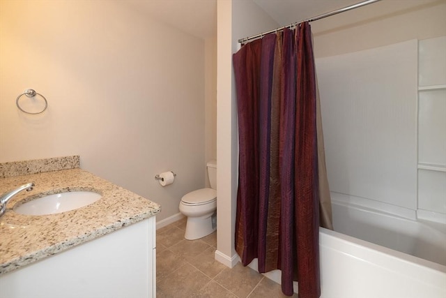 bathroom featuring toilet, shower / tub combo, vanity, baseboards, and tile patterned floors