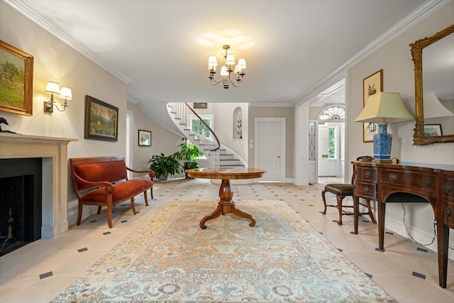 interior space featuring an inviting chandelier, crown molding, and light tile patterned flooring