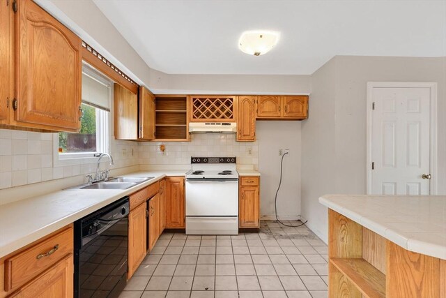 kitchen featuring white range with electric stovetop, open shelves, a sink, black dishwasher, and under cabinet range hood