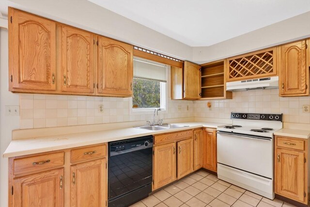 kitchen with open shelves, white electric range, a sink, under cabinet range hood, and black dishwasher