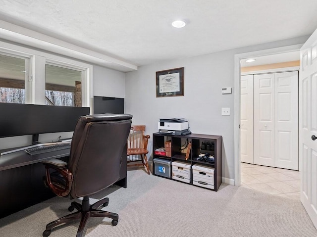 carpeted home office with tile patterned floors, recessed lighting, and baseboards