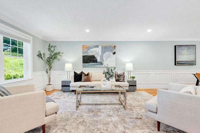 5 Allen St Unit 5, Woburn, MA 01801 - living area with ornamental molding, wainscoting, recessed lighting, a decorative wall, and wood finished floors