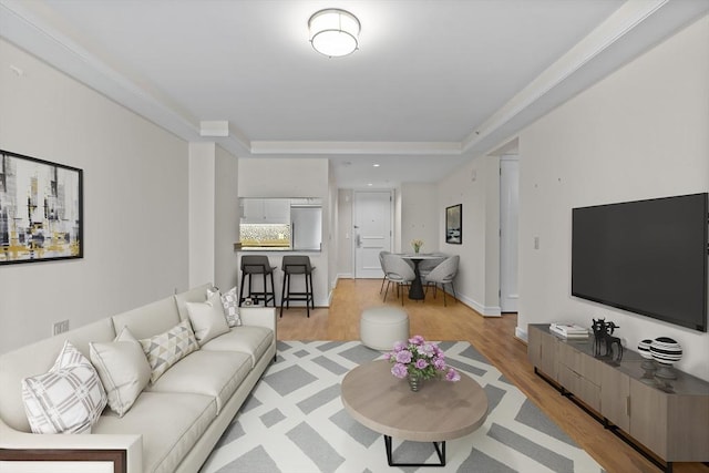 living room with light wood-type flooring and ornamental molding