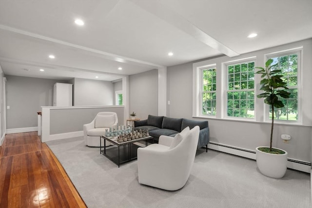 40 Washington St, Hanover, MA 02339 - living room with a baseboard heating unit, hardwood / wood-style flooring, recessed lighting, and plenty of natural light