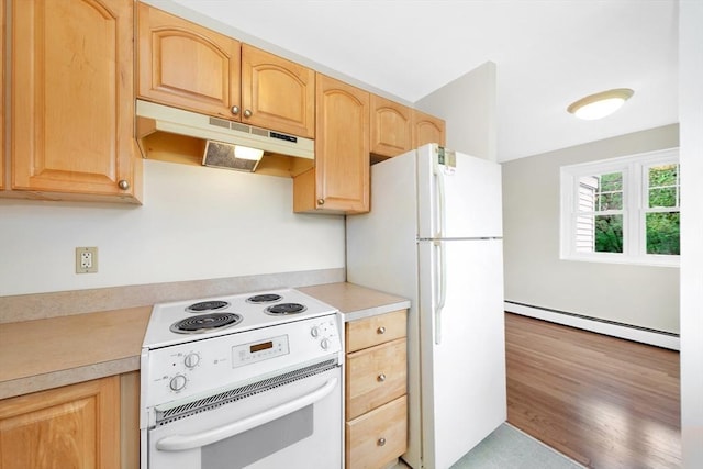 108 Emerson Gardens Rd Unit 108, Lexington, MA 02420 - kitchen with white appliances, under cabinet range hood, light brown cabinets, a baseboard heating unit, and light countertops