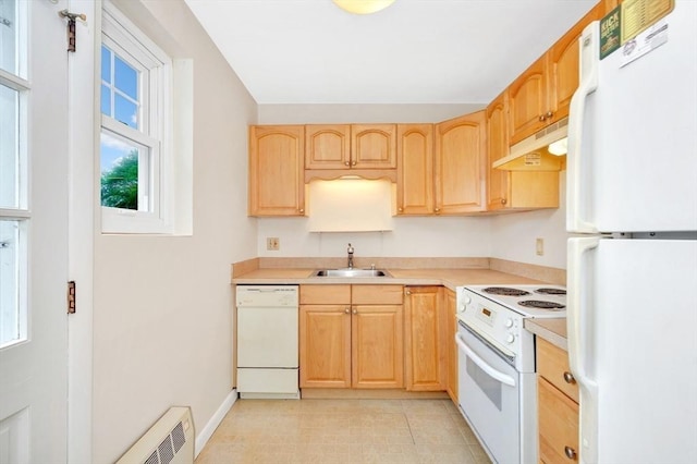 108 Emerson Gardens Rd Unit 108, Lexington, MA 02420 - kitchen featuring white appliances, under cabinet range hood, a sink, light brown cabinetry, and light countertops