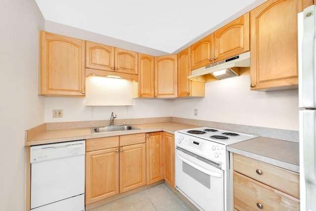 108 Emerson Gardens Rd Unit 108, Lexington, MA 02420 - kitchen with white appliances, under cabinet range hood, light brown cabinets, and a sink