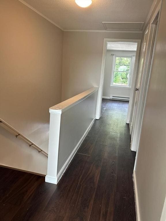 450-458 Riverside Dr Unit 2, Lawrence, MA 01841 - hallway featuring an upstairs landing, a baseboard radiator, dark wood-type flooring, and crown molding