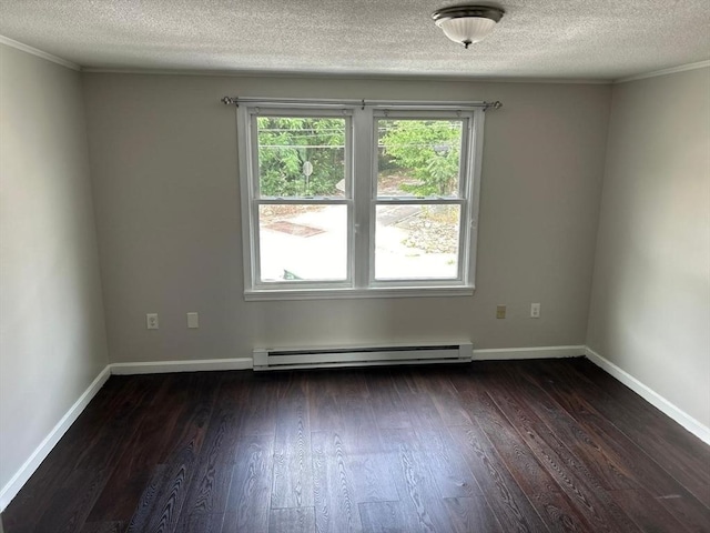 450-458 Riverside Dr Unit 2, Lawrence, MA 01841 - empty room featuring baseboard heating, dark wood-style floors, a textured ceiling, and ornamental molding