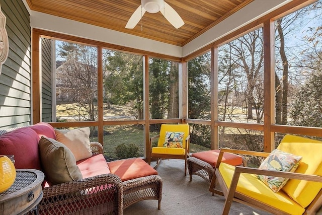 sunroom with wooden ceiling and ceiling fan