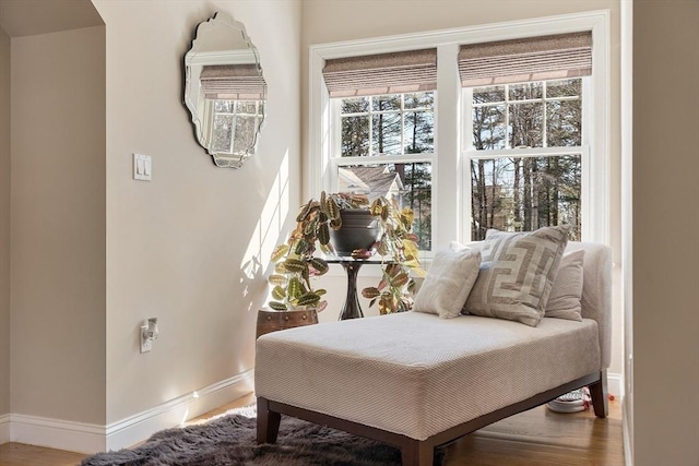 living area with baseboards and wood finished floors