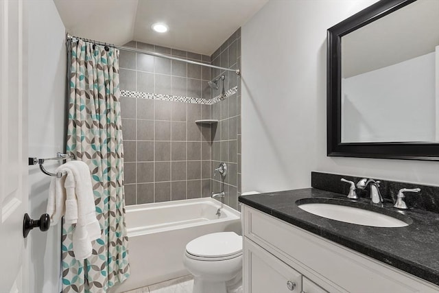 full bath with vanity, shower / bath combination with curtain, and toilet