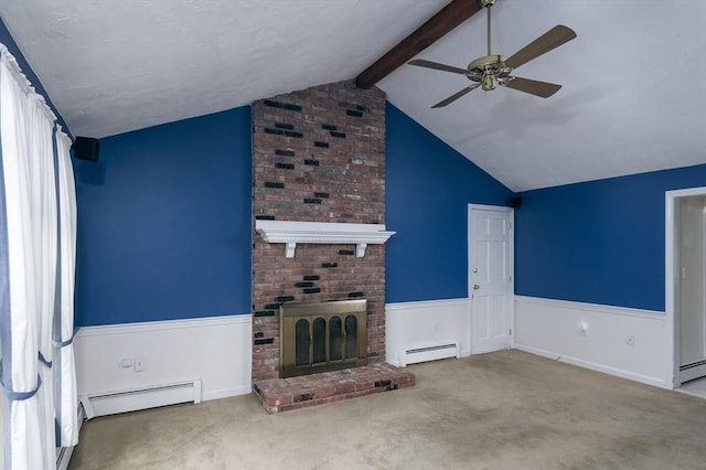 40 Langley Ln, Tewksbury, MA 01876 - unfurnished living room featuring a baseboard heating unit, ceiling fan, carpet flooring, and wainscoting