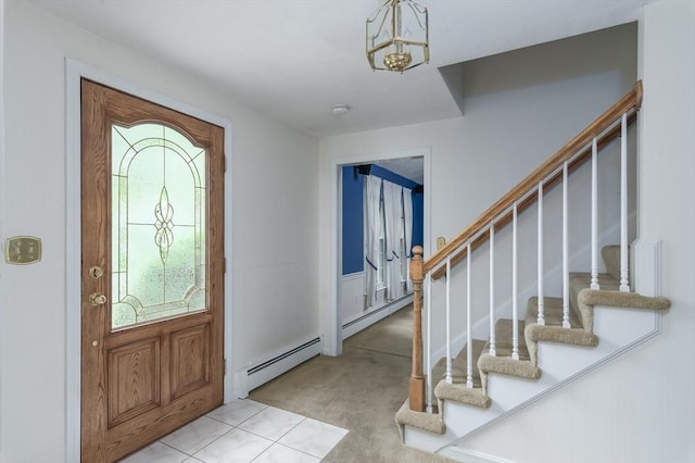 40 Langley Ln, Tewksbury, MA 01876 - foyer entrance featuring baseboard heating, stairs, light carpet, and a chandelier