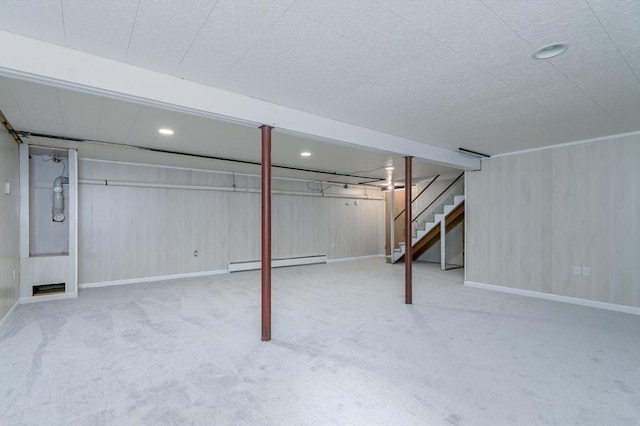 40 Langley Ln, Tewksbury, MA 01876 - finished below grade area featuring a baseboard radiator, stairs, carpet floors, recessed lighting, and baseboards