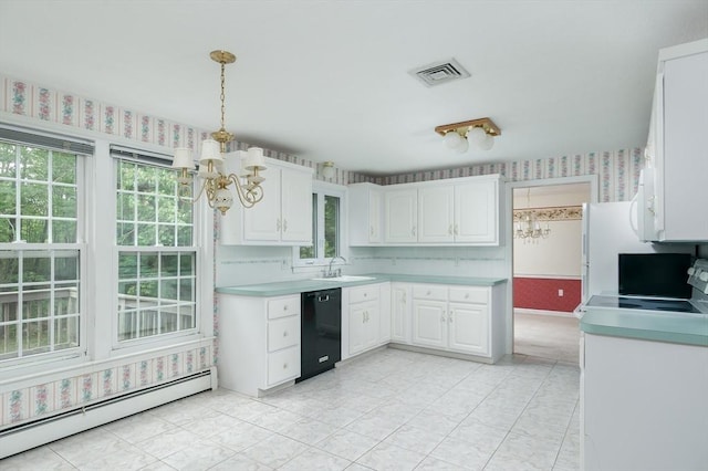 40 Langley Ln, Tewksbury, MA 01876 - kitchen with a chandelier, black dishwasher, a baseboard heating unit, wallpapered walls, and a sink