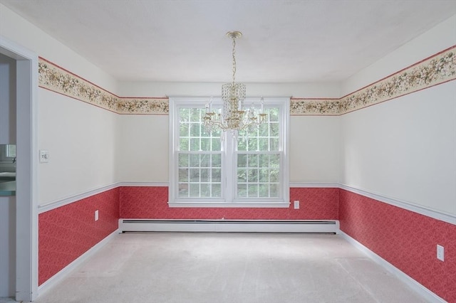 40 Langley Ln, Tewksbury, MA 01876 - unfurnished dining area with wallpapered walls, a chandelier, carpet flooring, baseboard heating, and a wainscoted wall