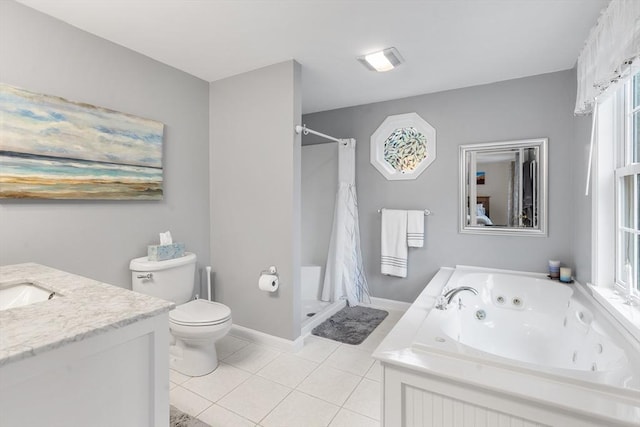 bathroom with toilet, a jetted tub, tile patterned flooring, vanity, and a shower stall