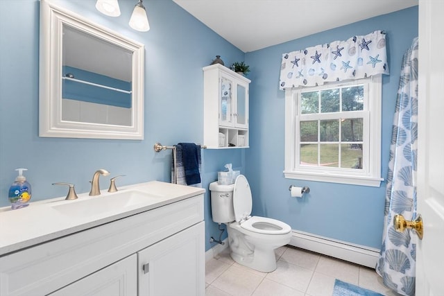 bathroom with tile patterned flooring, toilet, a baseboard heating unit, vanity, and baseboards