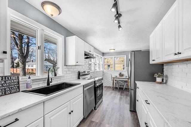 kitchen with appliances with stainless steel finishes, white cabinetry, sink, light stone countertops, and a healthy amount of sunlight