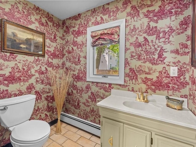 55 Dwight St, Dedham, MA 02026 - half bath featuring a baseboard heating unit, wallpapered walls, toilet, vanity, and baseboards