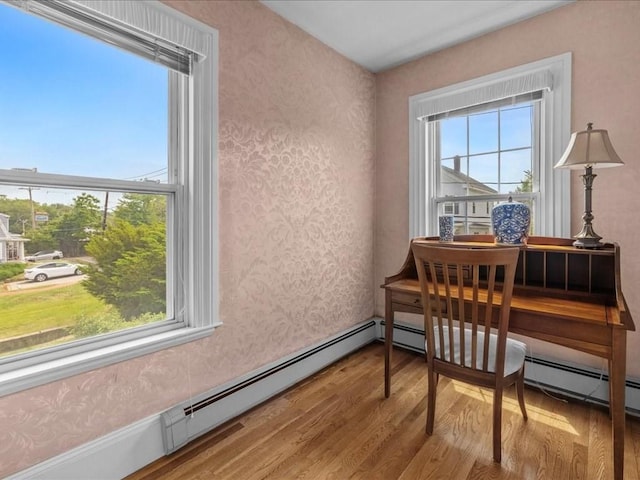 55 Dwight St, Dedham, MA 02026 - office area featuring wallpapered walls and wood finished floors
