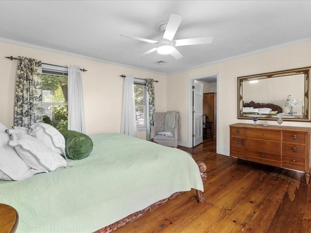 55 Dwight St, Dedham, MA 02026 - bedroom featuring dark wood-style floors, ceiling fan, and crown molding