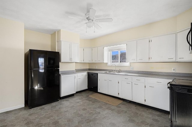 kitchen featuring sink, white cabinetry, ceiling fan, and black appliances