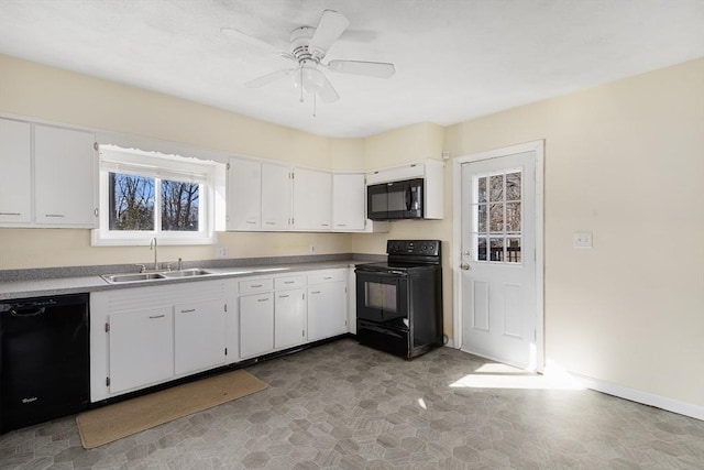 kitchen featuring white cabinetry, sink, ceiling fan, and black appliances