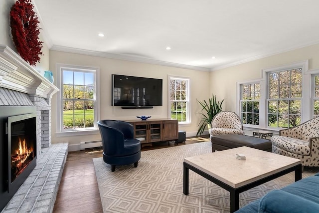 619 Main St, Hanover, MA 02339 - living area with a baseboard radiator, ornamental molding, wood finished floors, a fireplace, and recessed lighting