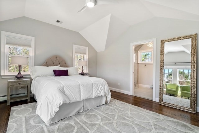 619 Main St, Hanover, MA 02339 - bedroom with vaulted ceiling, wood finished floors, baseboards, ceiling fan, and a baseboard radiator