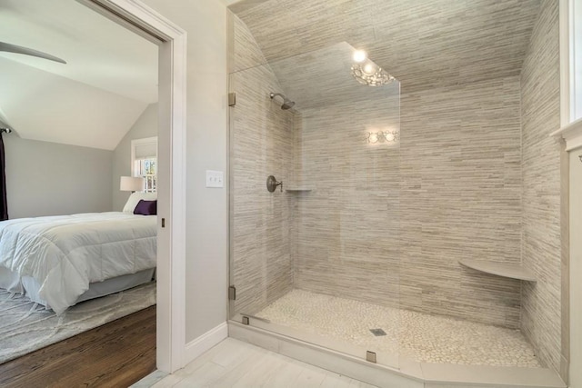 619 Main St, Hanover, MA 02339 - full bath with connected bathroom, lofted ceiling, a stall shower, baseboards, and wood finished floors